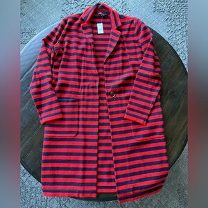 ANN TAYLOR Red and Navy Striped Cardigan Sweater, Size M